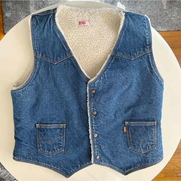 Vintage Levi’s Men’s Orange Tab Sherpa Fleece Denim Snap Button Vest Size XL - Picture 1 of 10